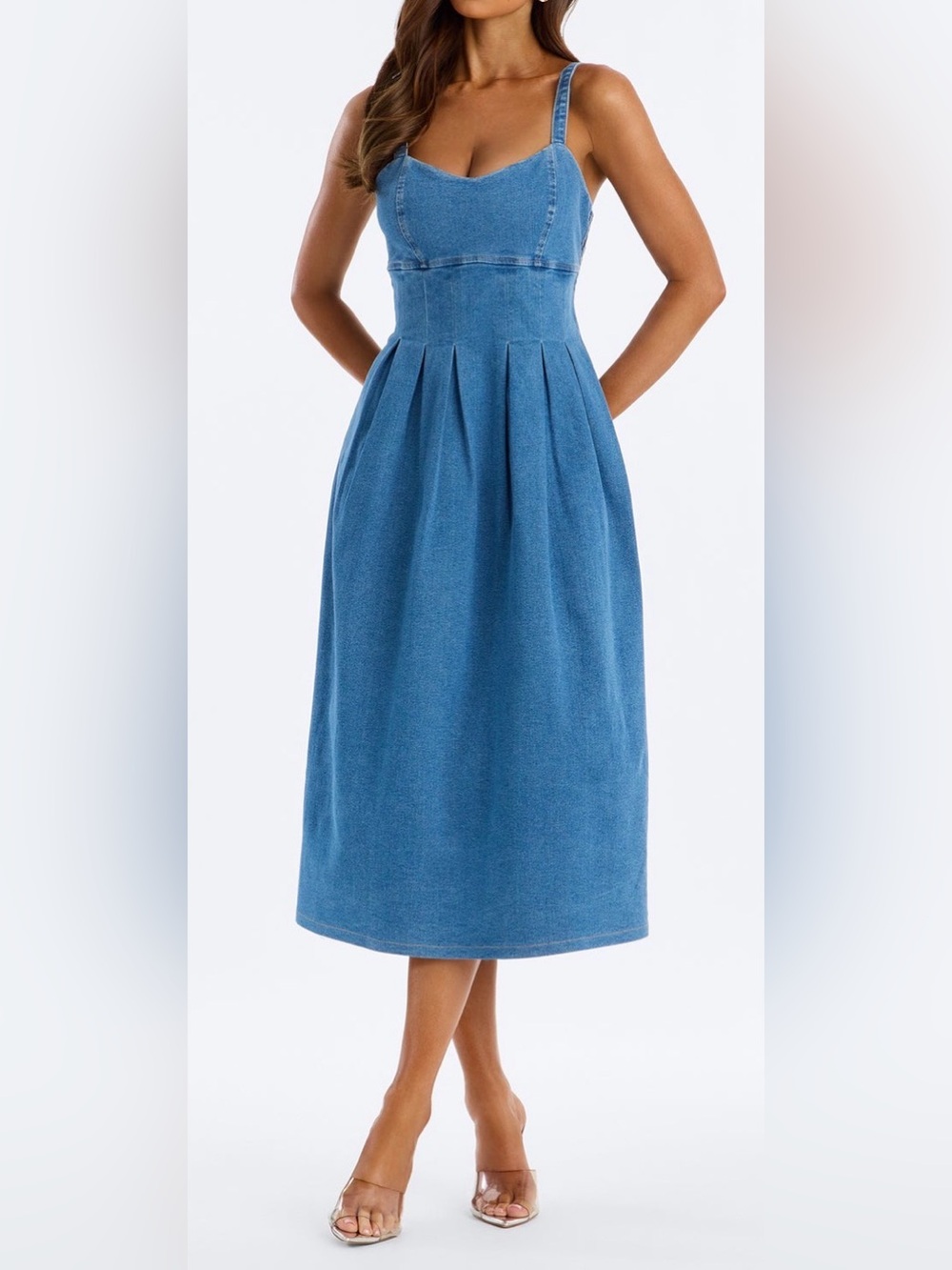 Denim Blue Pleated Midi Skirt